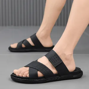 Men Casual Outdoor Sandals Breathable Summer Beach Slides Non-slip Leather Cross Strap Fashion Slippers Plus Size Comfort Sandals