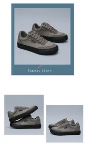 Three-view layout of brown men's canvas sneakers with black vulcanized soles