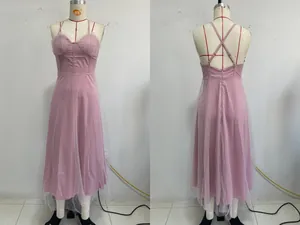 Detailed front and back views of a pink camisole dress with delicate tulle overlay