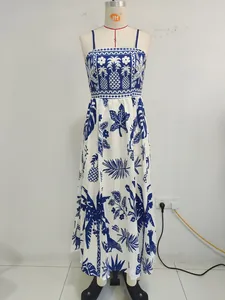 Full-length blue and white tropical print strapless maxi dress shown on mannequin.