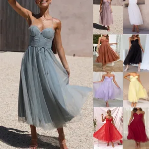 Multi-color display of sexy camisole tulle dresses for summer vacation and leisure wear.