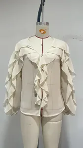 Front detail view of a white chiffon blouse featuring elegant ruffles and flared sleeves.