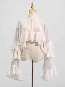 Elegante weiße transparente Organza-Bluse mit Rüschen und hohem Ausschnitt für Damen