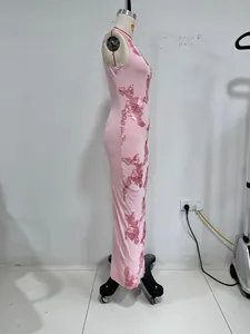 Side view of elegant pink bodycon maxi dress with detailed 3D floral embroidery for evening events