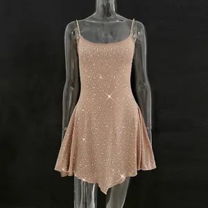 Elegant sparkly rhinestone spaghetti strap party mini dress in nude color for women
