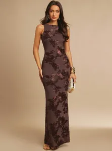Detailed full-body shot of a mauve slim-fit evening dress with elegant 3D floral embroidery.