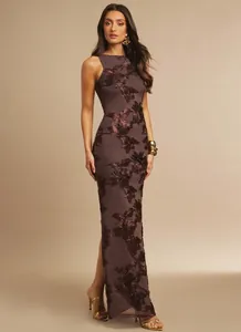 Elegant dark purple maxi evening dress with floral embroidery detail