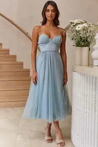 Light blue corset midi dress with mesh skirt for elegant summer vacation style