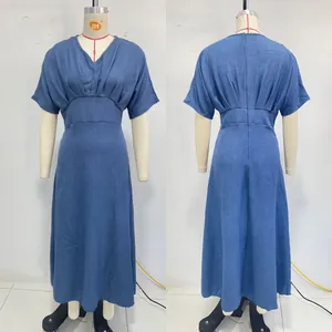 Front and back details of a blue V-neck short-sleeved midi dress with cinched waist.