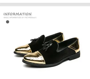 Mocassins élégants en velours côtelé or et noir pour hommes avec glands et brogue