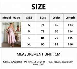 Size chart for elegant pink floral jacquard strapless party midi dress in cm -
