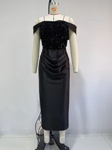 Elegant black off-the-shoulder sequin and satin midi dress for formal evening parties.