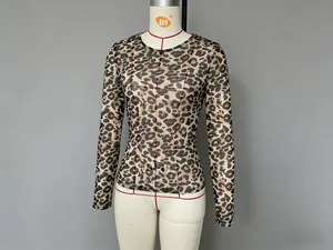 Leopard print slim fit long sleeve mesh top presented on a professional mannequin.