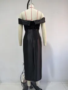 Elegant back view of black off-the-shoulder sequined satin bodycon evening midi dress