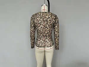 Rear view of a slim fit leopard print mesh mock neck long sleeve top on mannequin