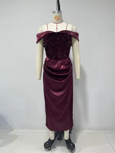 Elegant burgundy sequin and satin off-shoulder midi dress for evening party wear