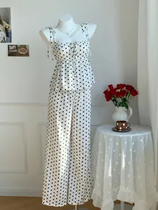 Damen Polka Dot Camisole Top Und Weite Hose Frisch Süß Sommer Outfits Polyester Vintage Schleife Rückenfrei Casual Anzug