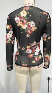 Back view detail of floral mesh long sleeve top with colorful rose and tulip prints