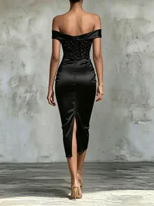 Back view of elegant black off-shoulder sequin satin midi dress for evening parties