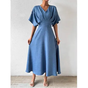 Elegant blue V-neck midi dress with cinched waist and pleated detail front view