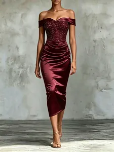 Elegant off-the-shoulder sequin satin bodycon midi dress for evening parties