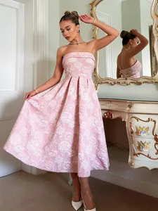 Elegant pink jacquard strapless midi dress featuring delicate floral embossed patterns