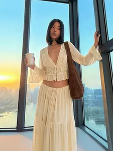 Französischer Stil Damen Sexy Spitze Chiffon Top Und Bottom Set Langarm Cardigan Rüschen Maxi Rock Strand Urlaub Outfits