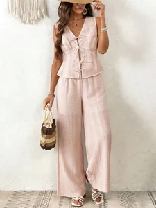 Ärmellose Schnürweste und weite Hose, einfarbiges sommerliches Zweiteiler-Set für Damen