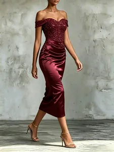 Side view detail of an elegant sequined bodice and ruched satin midi evening dress