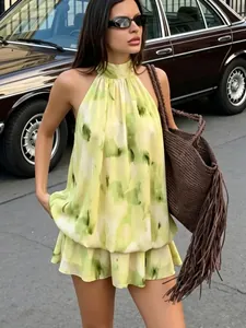 Robe courte dos nu élégante à imprimé abstrait jaune-vert pour les vacances d'été