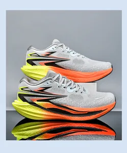 Profi-Marathon-Laufschuhe mit grauem Mesh-Obermaterial und neongelber Dämpfungssohle