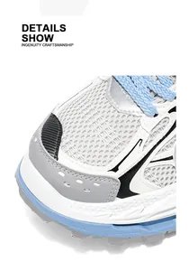 Close-up view of white breathable mesh dad sneakers with blue laces and thick chunky sole