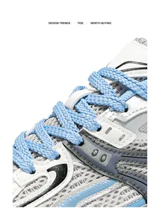 Detailed close-up of breathable mesh material and light blue laces on chunky white sneakers