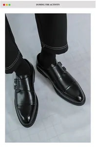 Nahaufnahme schwarzer Herren-Business-Schuhe mit doppelter Schnalle und Spitze