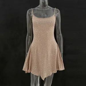 Elegant nude semi-sheer mini dress with silver rhinestones and spaghetti straps for parties