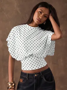 Elegant French retro white polka dot cropped blouse with stylish batwing sleeves