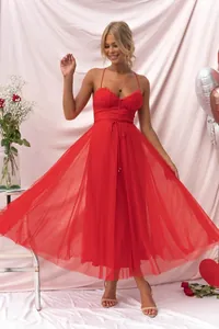 Elegant red mesh midi dress with spaghetti straps and bustier top for party wear