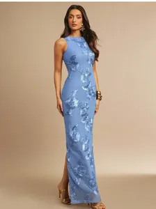 Elegant blue sleeveless maxi dress with 3D floral embroidery and side slit