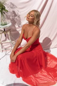 Elegant red spaghetti strap maxi tulle dress for summer vacation and resort style