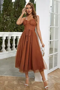 Elegant brown mesh spaghetti strap midi dress perfect for summer vacation and outdoor events