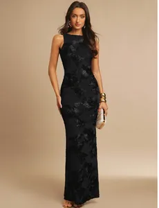 Elegant black sleeveless maxi dress with 3D floral embroidery and slim fit silhouette
