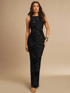Elegant black sleeveless maxi dress featuring intricate 3D floral embroidery detail