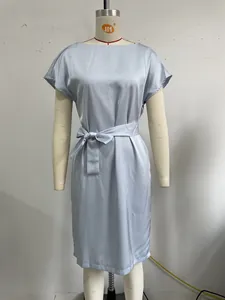 Elegant light blue satin midi dress with short sleeves and waist tie detail