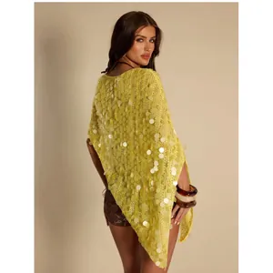 Gelber Pailletten-Poncho mit hohlem, asymmetrischem Schnitt für Damen