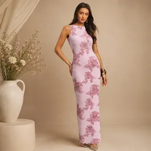 Sleeveless lavender evening gown with detailed 3D floral embroidery in a slim fit
