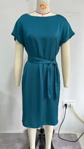 Elegant teal French-style minimalist short-sleeve midi dress with belted waist design