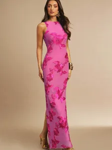 Stunning pink sleeveless bodycon maxi dress featuring intricate 3D floral embroidery