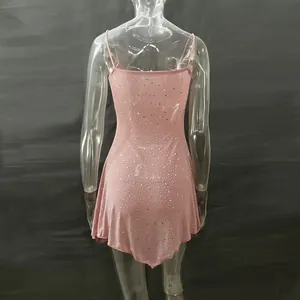 Back view of a pink mini party dress with sparkling rhinestone details and thin straps.