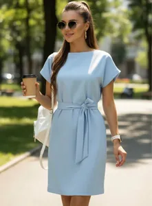 Elegant light blue short-sleeved dress with waist tie and French minimalist design