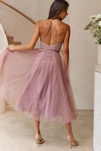 Elegant mauve tulle MIDI dress featuring delicate crossover spaghetti straps and back detail